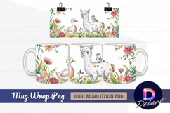 Duck alpaca and bird in floral meadow Mug Wrap PNG Design Product Image 1