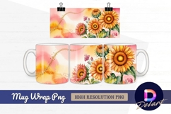 Watercolor sunflowers on pink orange Mug Wrap PNG Design Product Image 1