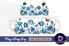 Blue poppy flowers and butterflies mug design png Product Image 1