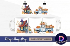 Watercolor autumn house and truck Mug Wrap PNG Product Image 1