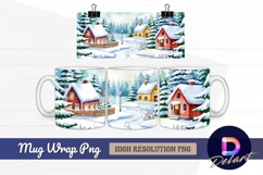 Watercolor winter village scene for Mug Wrap PNG Product Image 1