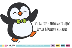 Happy penguin with green bow tie dancing – kawaii winter clipart for festive designs, digital scrapbooking and children’s crafts.