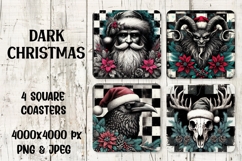 Dark Christmas coasters featuring a Gothic Santa, Krampus, raven with Santa hat, and stag skull with wreath. Perfect for sublimation, crafts, and alternative holiday decor.