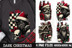Dark Christmas sublimation PNG — skull Santa, raven with skull, haunted cabin, and Krampus on distressed checker backgrounds, 4000x4000 px