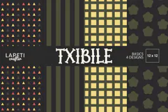 Dark geometric digital papers in charcoal olive yellow orange and coral tones