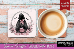 Dark Ghost Cute Square Coaster Pink Halloween Coaster PNG Product Image 1