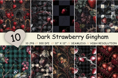 Dark Strawberry Gingham Digital Paper, Seamless Watercolor Fruit Pattern Pack, Printable Scrapbook Paper, Moody Gothic Design Bundle