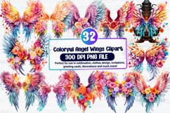 Watercolor Colorful Angel Wings With Flowers Bundle Product Image 1