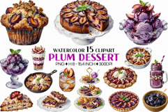Plum Dessert | Watercolor Fruit Sweet Bakery Cake Scone Tart Product Image 1