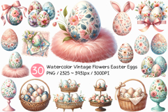 Watercolor Vintage Flowers Easter Eggs PNG | Pink Bunny Lace Product Image 1