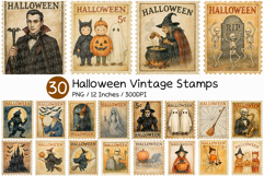 Halloween Vintage Stamps | Ghost Witch Wizard Retro Cat PNG Product Image 1