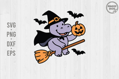 Halloween Hippo Witch Flying on Broom with Pumpkin SVG Product Image 1