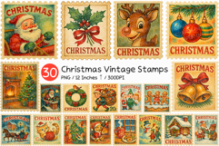 Christmas Vintage Stamps | Santa reindeer elf snowman bell Product Image 1