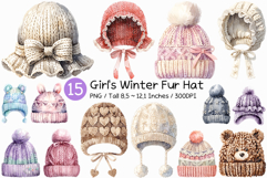 Girl's Winter Fur Hat | watercolor clipart cute fluffy knit Product Image 1