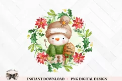 Watercolor Snowman & Christmas Wreath PNG For Sublimation Product Image 1