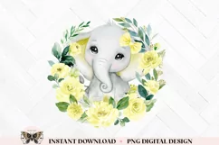Yellow Elephant & Floral Wreath Sublimation PNG File Product Image 1