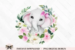 Pink Elephant & Floral Wreath Sublimation PNG File Product Image 1