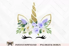 Unicorn Head with Purple Watercolor Flowers Clipart Product Image 1