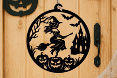 Halloween Flying Witch Door Hanger SVG Welcome Sign Laser Product Image 1