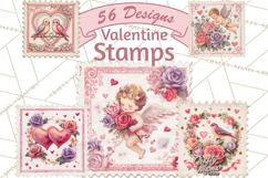 Vintage Valentine Postage Stamps, Cherubs, Hearts, Roses PNG Product Image 1