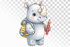 Cute Rhino with Backpack and Pencil Ready for School PNG Product Image 1