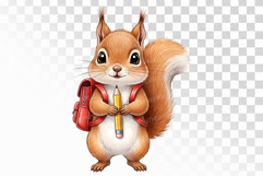 Cute Squirrel with Backpack Holding a Pencil Watercolor PNG Product Image 1