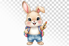 Cute Rabbit with Backpack Holding a Crayon Watercolor PNG Product Image 1