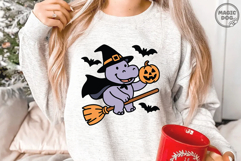 Halloween Hippo Witch Flying on Broom with Pumpkin SVG Product Image 2