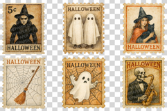 Halloween Vintage Stamps | Ghost Witch Wizard Retro Cat PNG Product Image 2