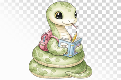 Cute Snake with Backpack, Book, and Pencil Watercolor PNG Product Image 1