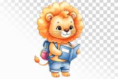 Cute Lion Cub with Backpack Reading a Book Watercolor PNG Product Image 1