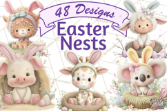 Watercolor Easter Animals Clipart, Cute Animals in Nests Png Product Image 1