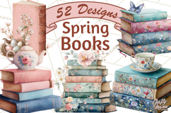 Spring Book Clipart, Vintage Books Watercolor, Floral Png Product Image 1