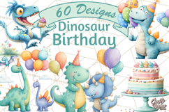 Dinosaur Birthday Clipart PNG, Watercolor Dino Birthday Product Image 1