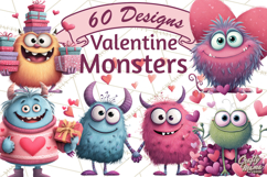 Valentine Monster Clipart PNG, Cute Valentine Monsters, Kids Product Image 1