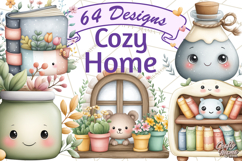 Spring Cozy Home Clipart, Cute Kawaii House Decor Icons PNG Product Image 2
