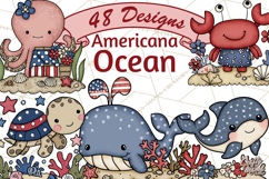 Patriotic Ocean Animals Clipart, Whimsical Red White Blue Product Image 1