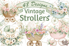 Baby Shower Clipart, Vintage Stroller Png Watercolor Product Image 1