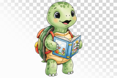 Cute Turtle Reading a Book with Backpack Watercolor PNG Product Image 1