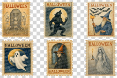 Halloween Vintage Stamps | Ghost Witch Wizard Retro Cat PNG Product Image 3