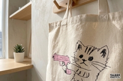 Hand Drawn Kitten Holding Pink Toy Blaster PNG, Funny Cat Product Image 2