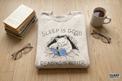 Sleep Is Good Reading Is Better Cat Book Sketch, PNG Product Image 4