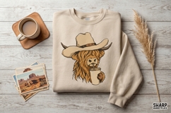Coffee Drinking Highland Cow In Cowboy Hat, Western PNG For Product Image 2