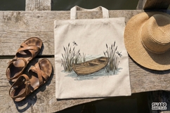 Rowboat PNG, Rustic Lake Scene, Vintage Boat Drawing for Product Image 2