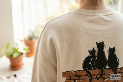 Three Black Cats Sitting On A Brick Wall Feline Silhouette Product Image 2