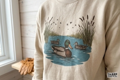 Mallard Ducks Swimming In A Pond With Cattails And Flying Product Image 2