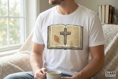 Open Bible PNG With Cross And Autumn Leaf, Religious Product Image 3