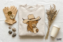 Coffee Drinking Highland Cow In Cowboy Hat, Western PNG For Product Image 3