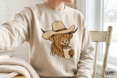 Coffee Drinking Highland Cow In Cowboy Hat, Western PNG For Product Image 4