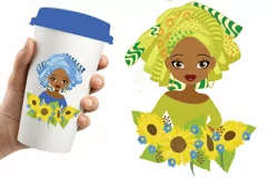 African American Kente Girls with Sunflowers clipart Product Image 2